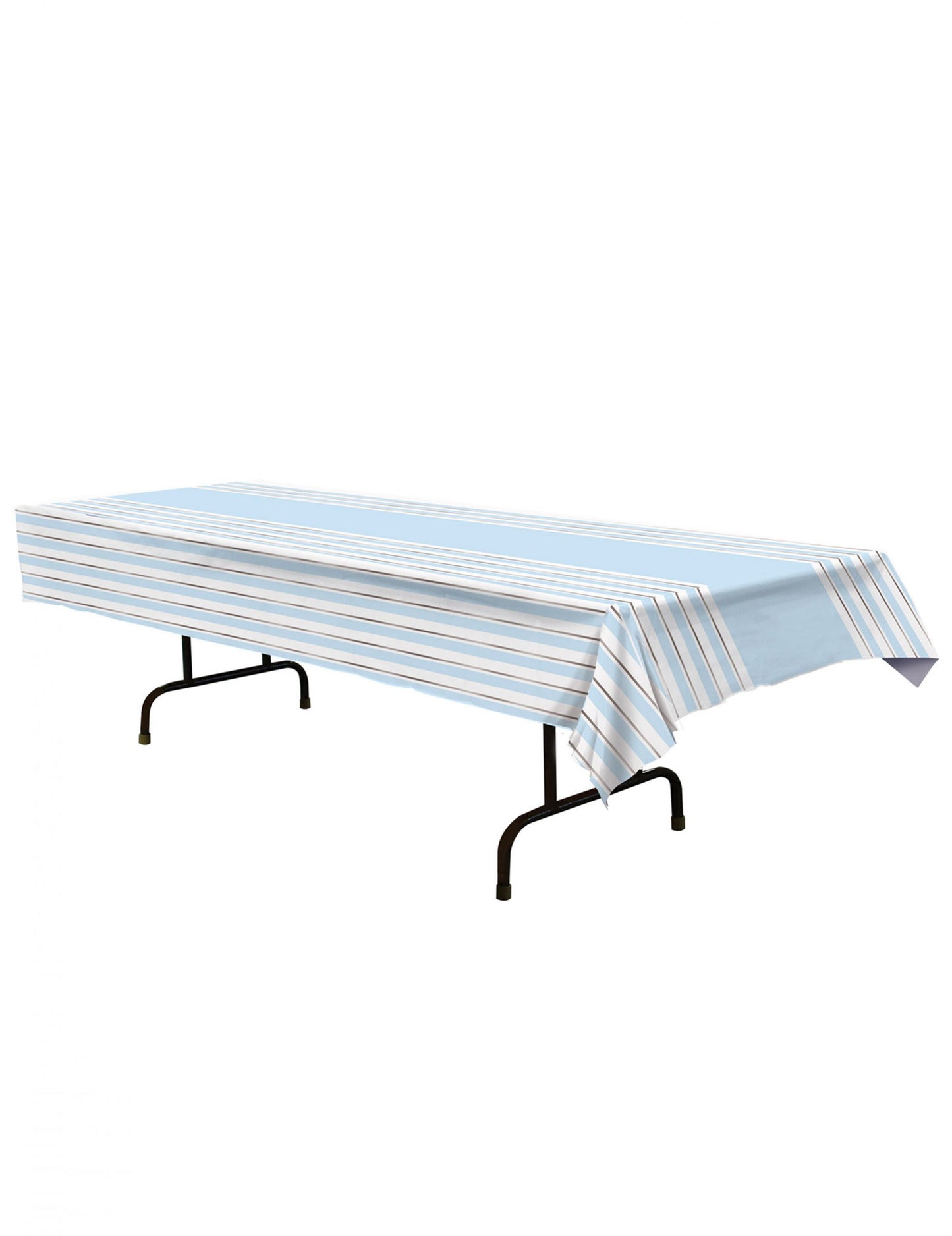 Modrobílý pruhovaný plastový ubrus 137 x 274 cm a stříbro