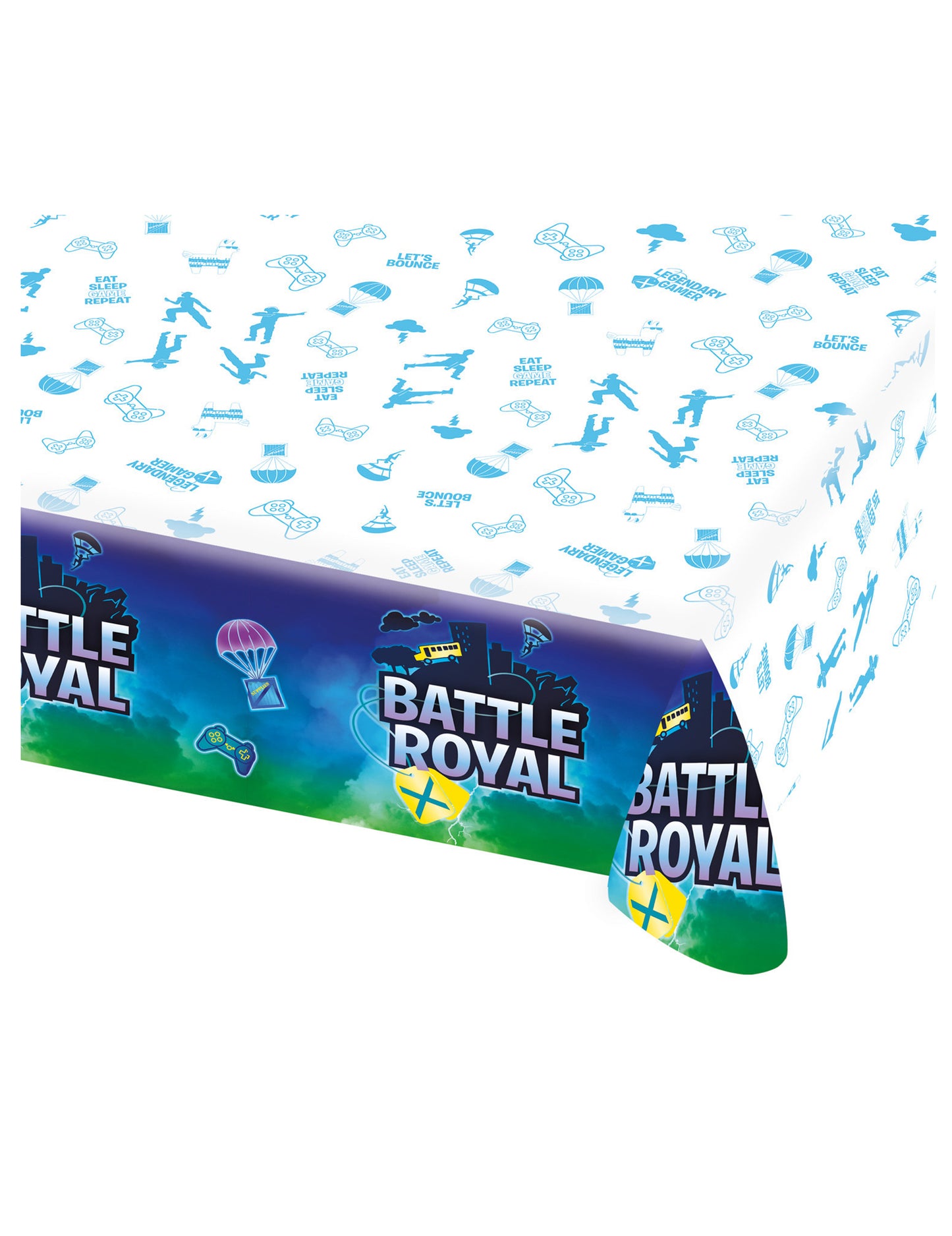 Nappe en plastique Battle Royale pour anniversaire blanche et bleue avec motifs de jeux vidéo
