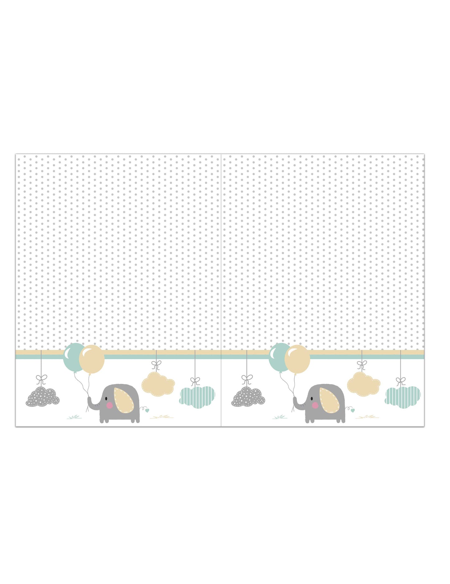 Nappe en plastique bébé éléphant pour baby shower blanche à pois gris avec motifs pastel