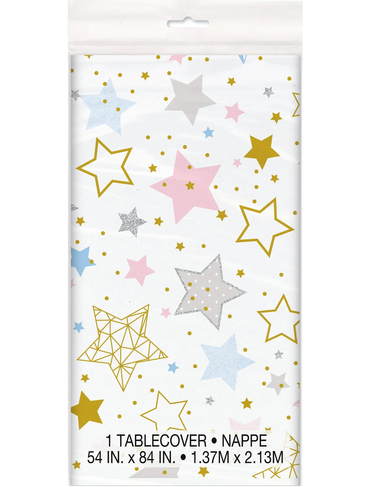Bílý plastový ubrus Twinkle Twinkle Little Star s vícebarevnými hvězdičkami