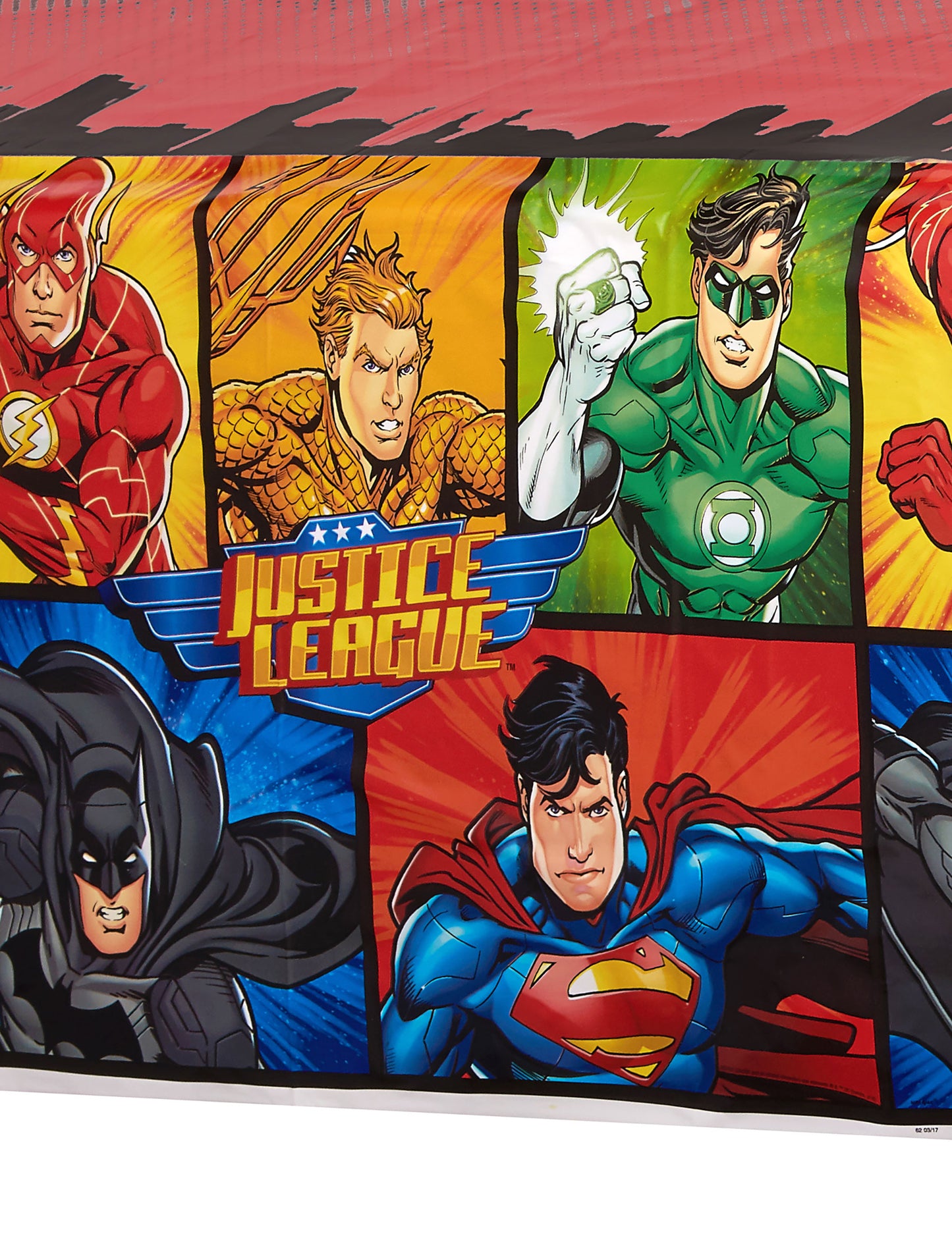 Détail des illustrations de super-héros de la nappe plastique Justice League