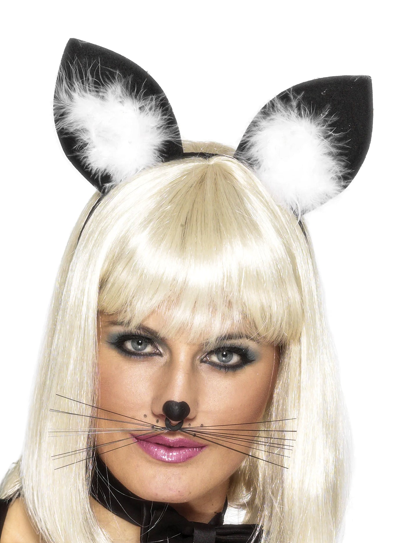 Černé a bílé kočičí uši s peříčky pro ženy