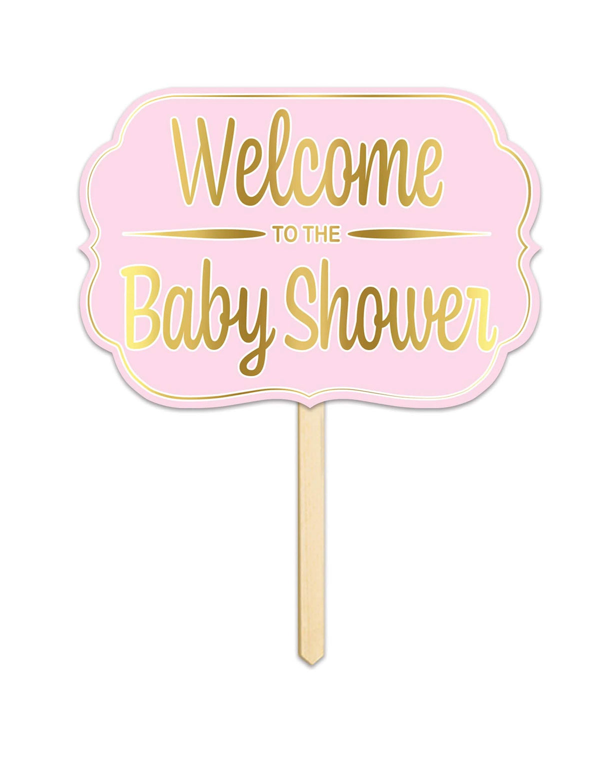 Kartonový panel Welcome to the baby shower pro růžová a zlatá párty s dřevěnou tyčí