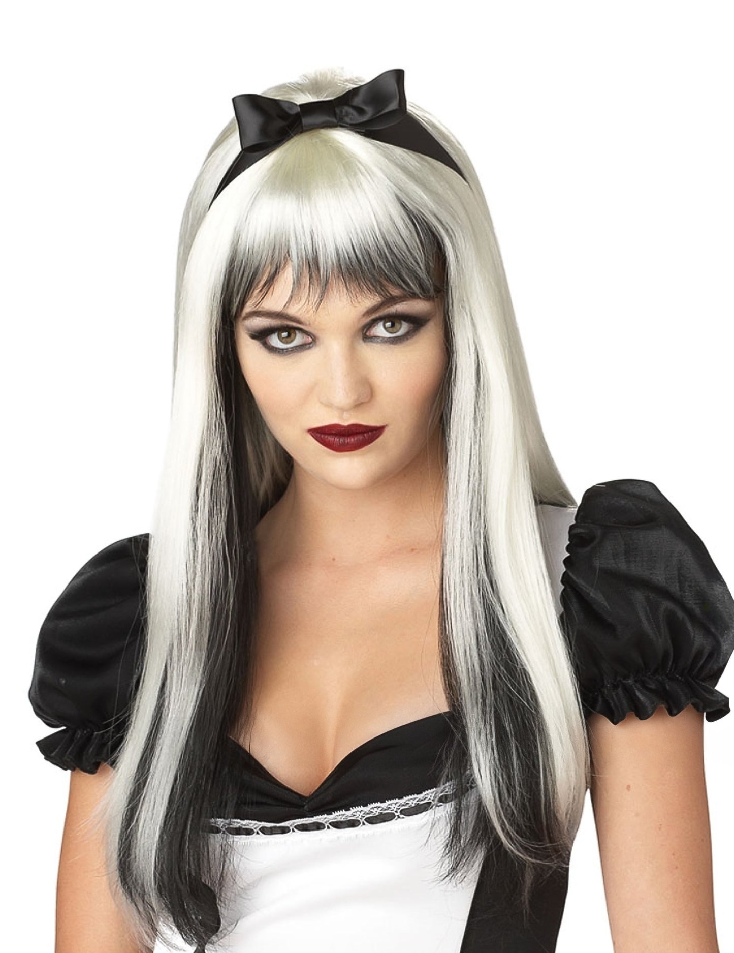Paruka pro dospělé s dlouhými vlasy a melírem v černé a bílé barvě