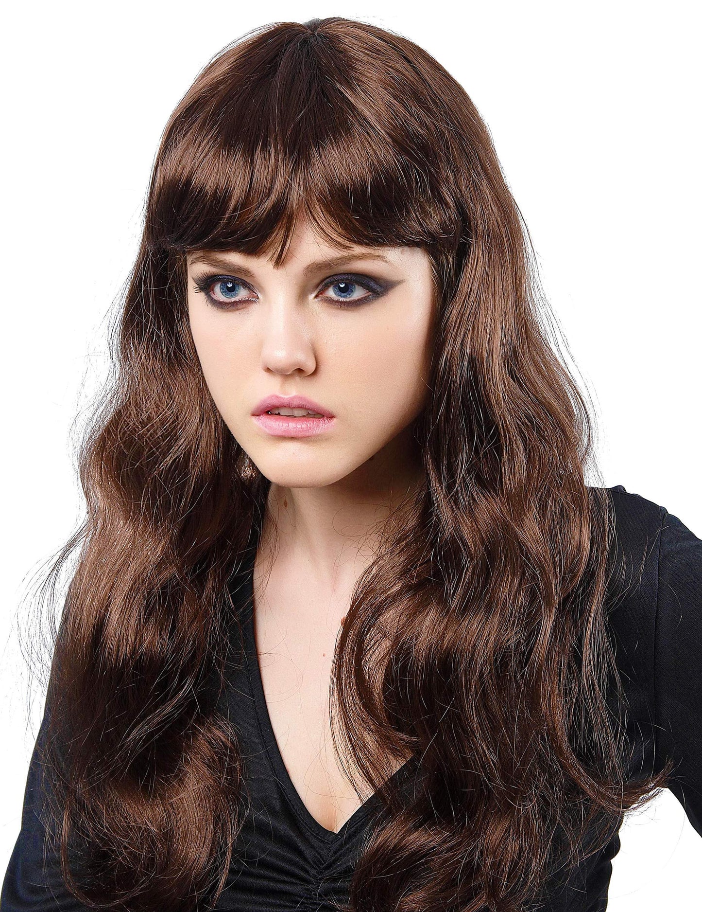 Dámská vlnitá hnědá paruka s ofinou