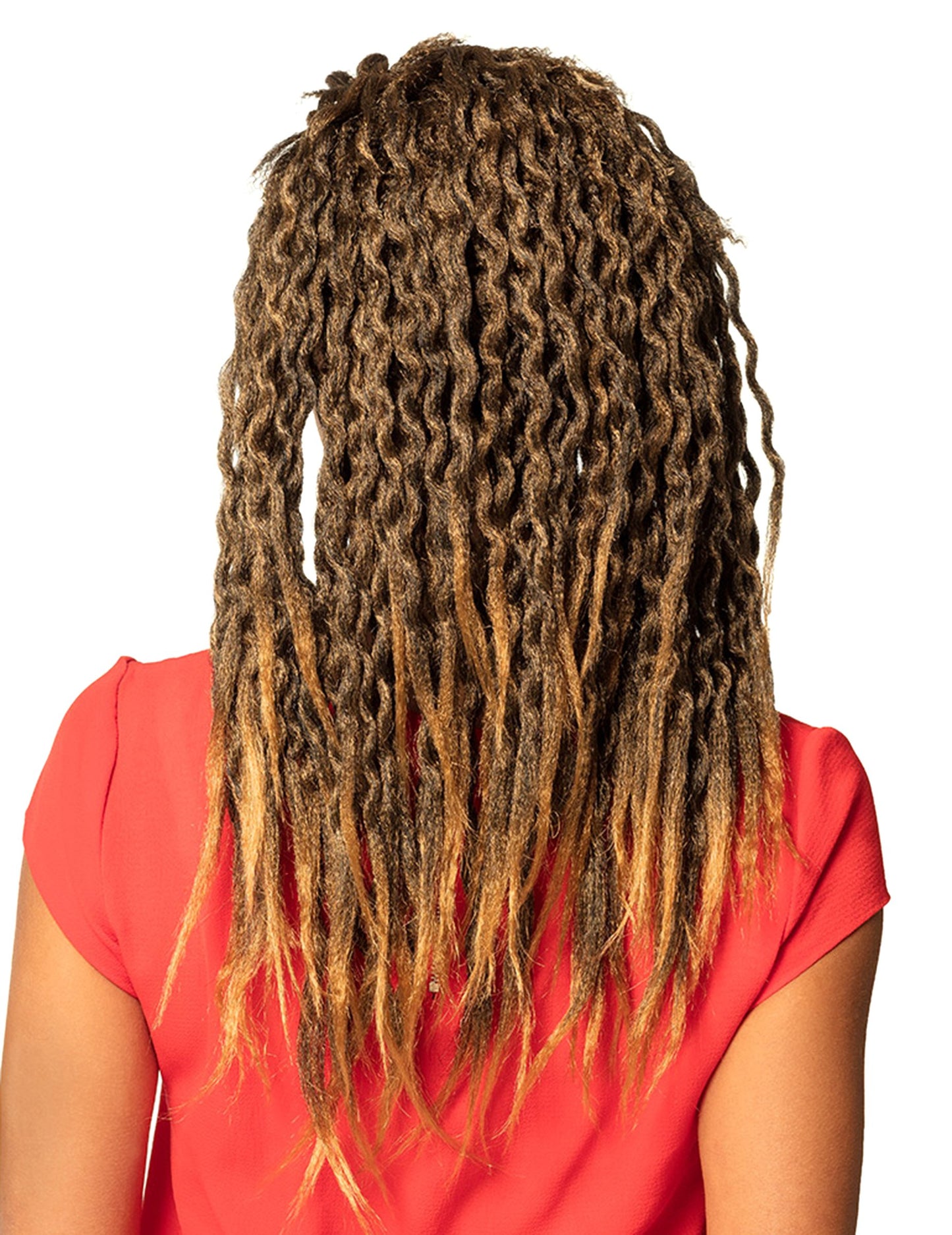 Pohled zezadu na rasta paruku pro ženy hnědé barvy