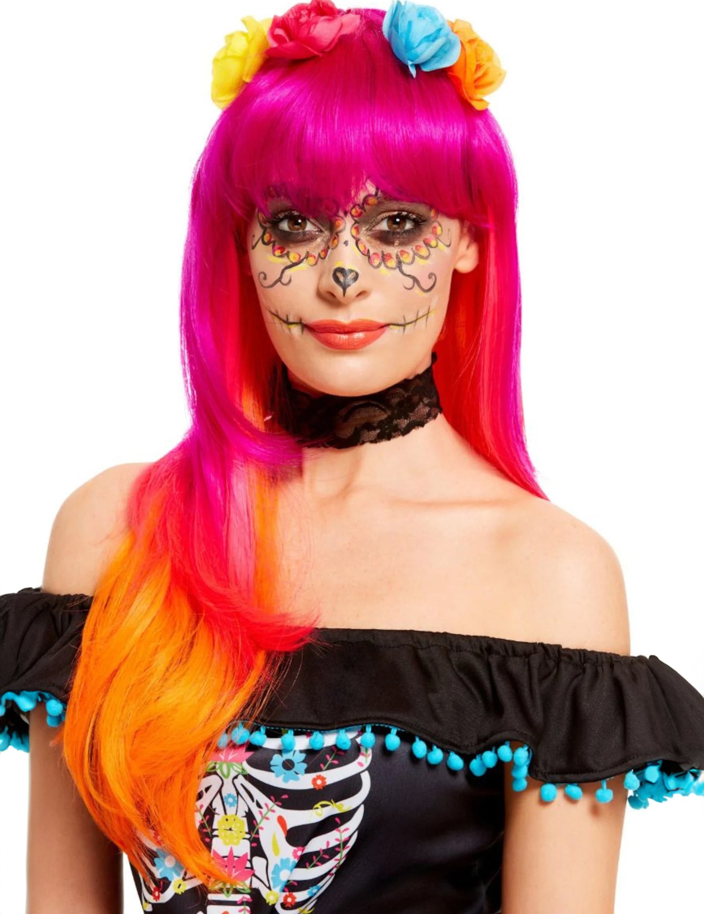 Dospělá růžová a oranžová paruka Dia de los Muertos