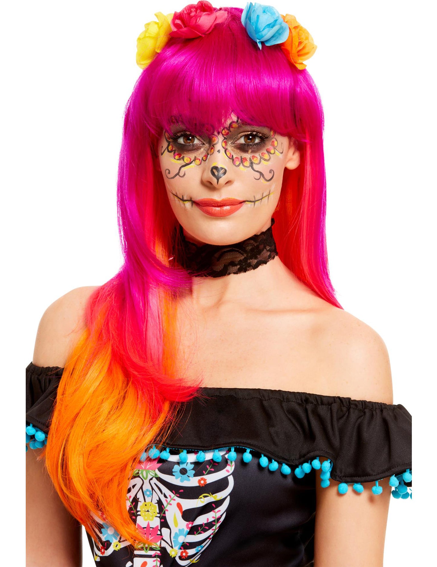 Dospělá růžová a oranžová paruka Dia de los Muertos