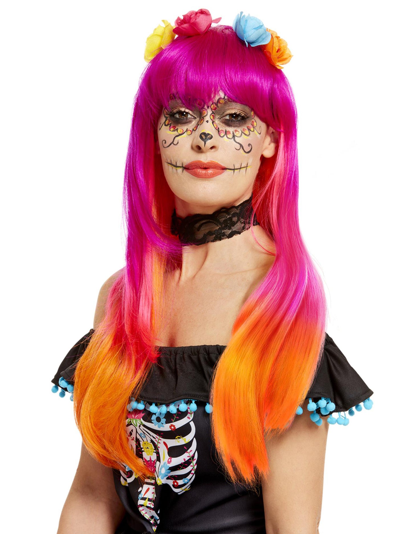 Dospělá růžová a oranžová paruka Dia de los Muertos