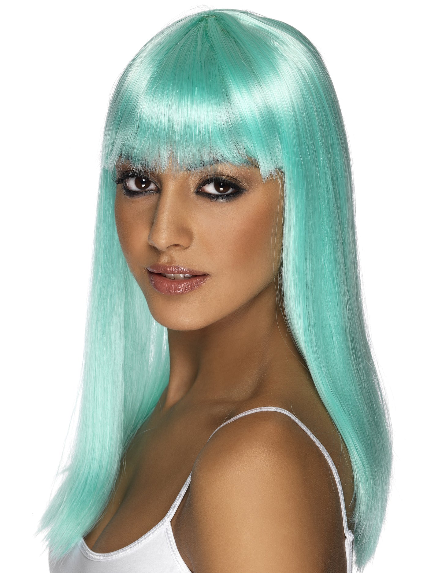 Perruque longue bleue turquoise à frange femme