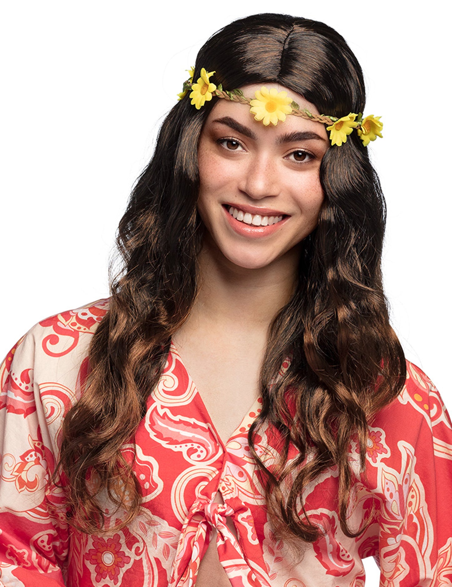 Dlouhá hnědá paruka s květinovou čelenkou pro ženy