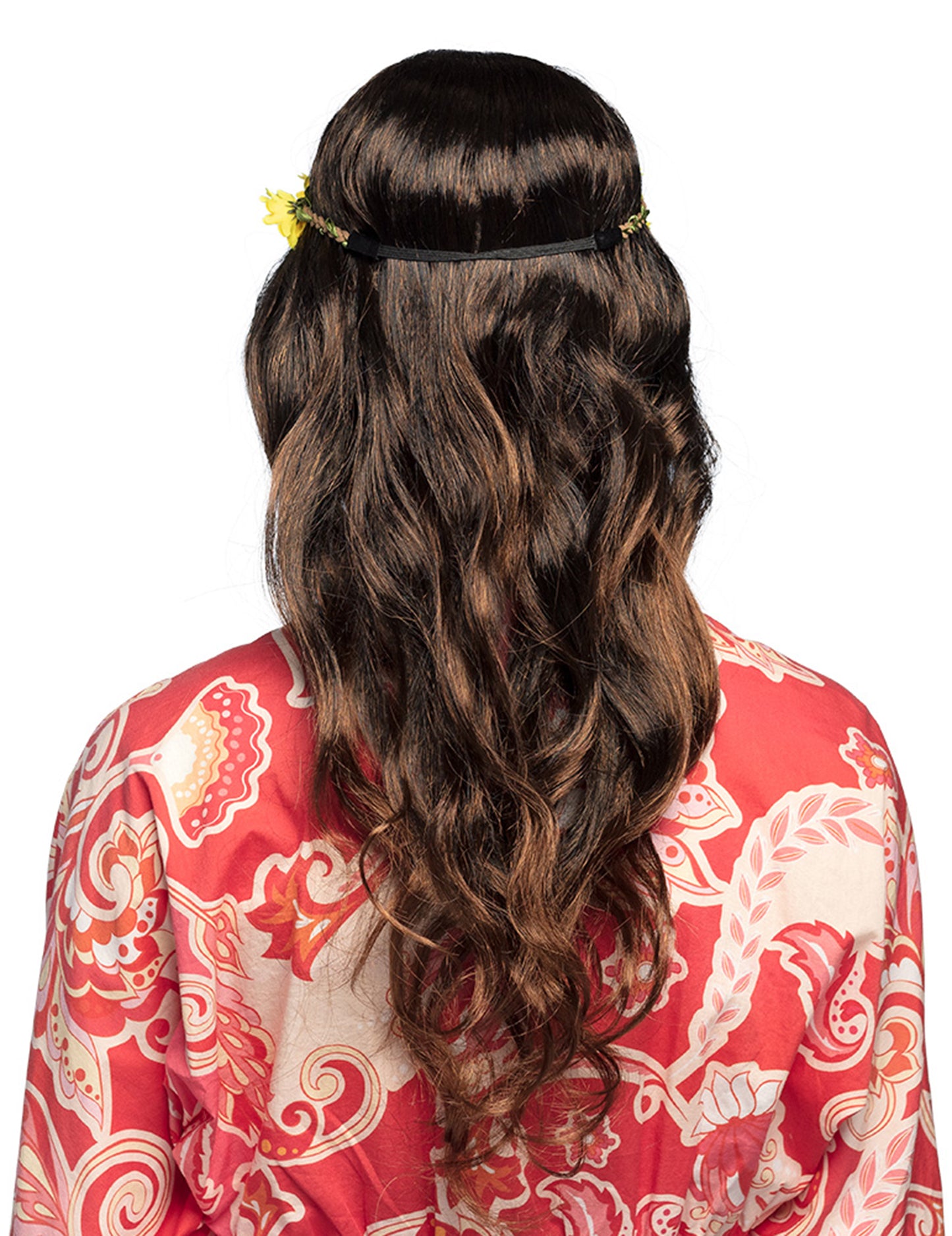 Dlouhá hnědá paruka s květinovou čelenkou pro ženy