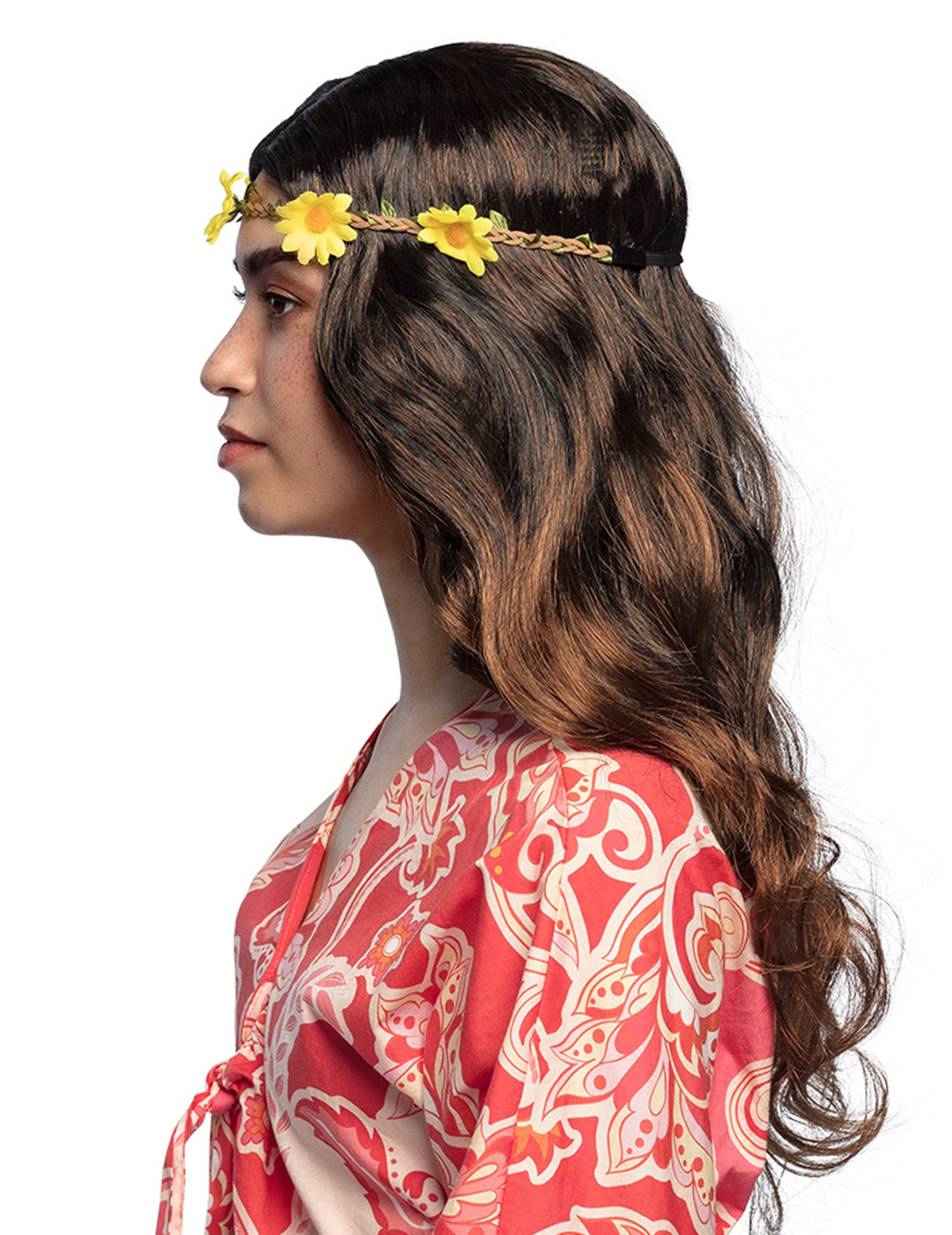 Dlouhá hnědá paruka s květinovou čelenkou pro ženy