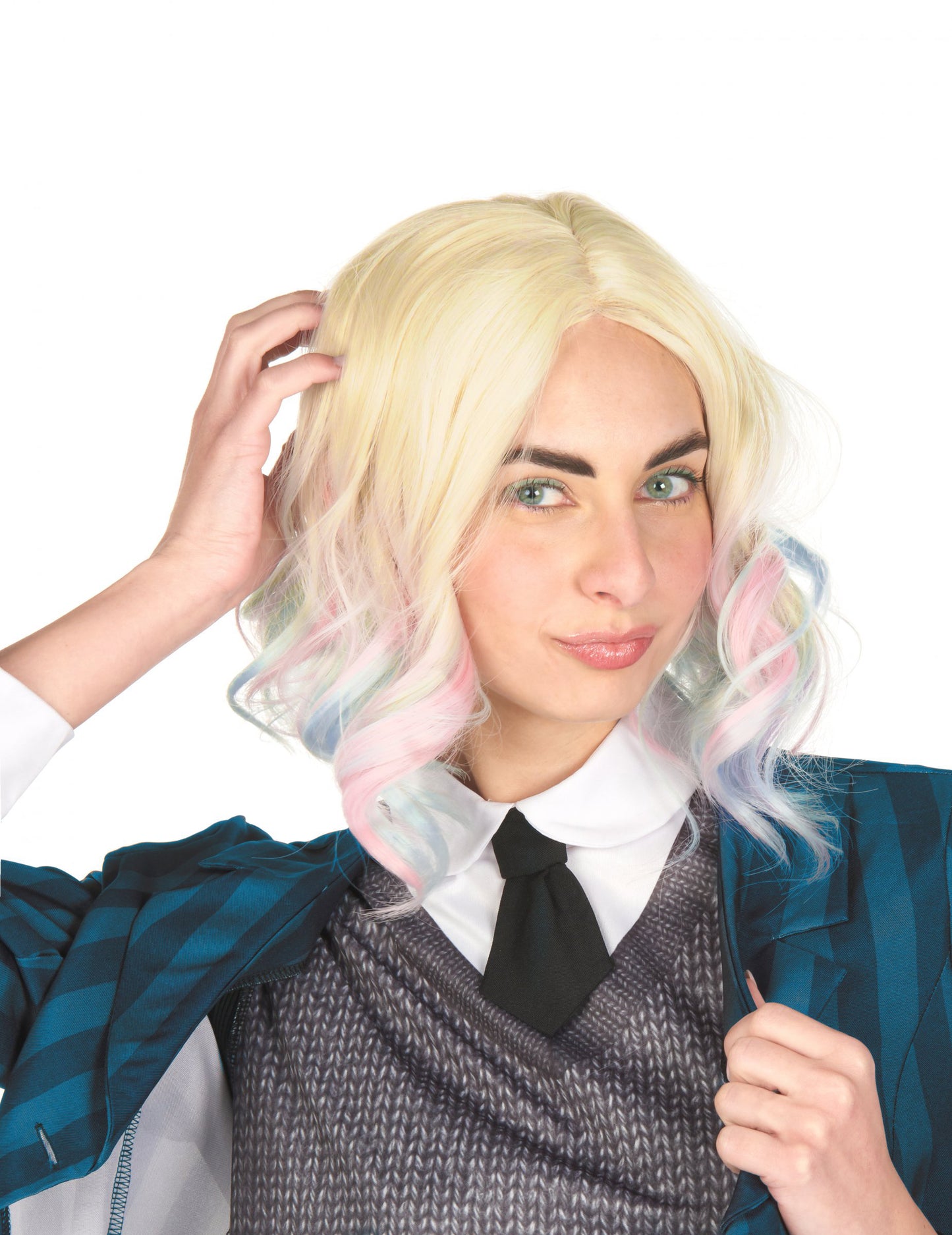 Luxusní vlnitá blond paruka s modrými a růžovými melíry pro dospělé