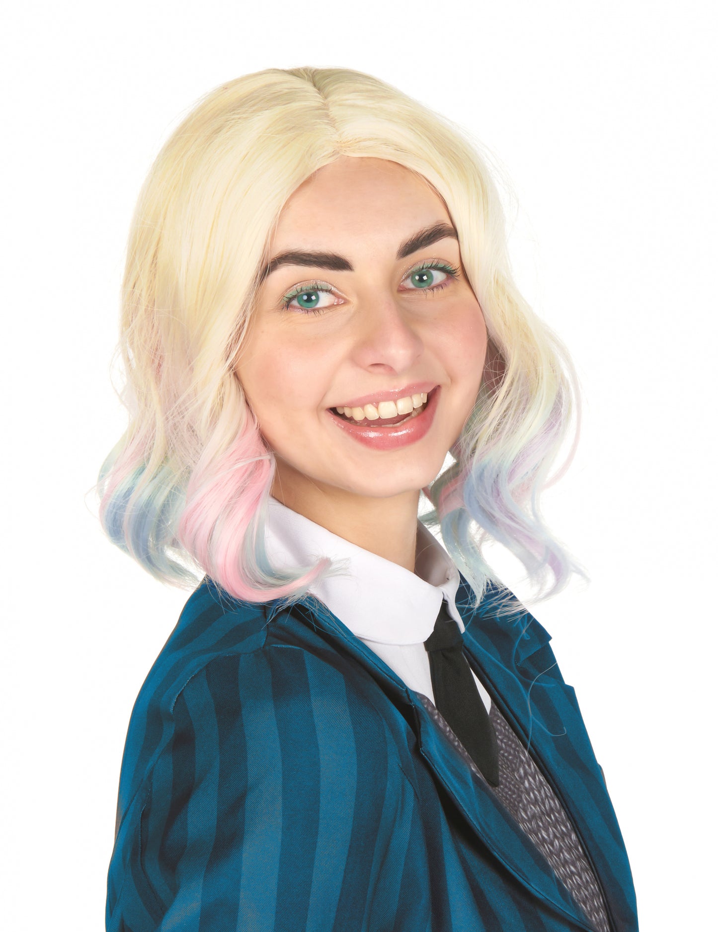 Luxusní vlnitá blond paruka s modrými a růžovými melíry pro dospělé