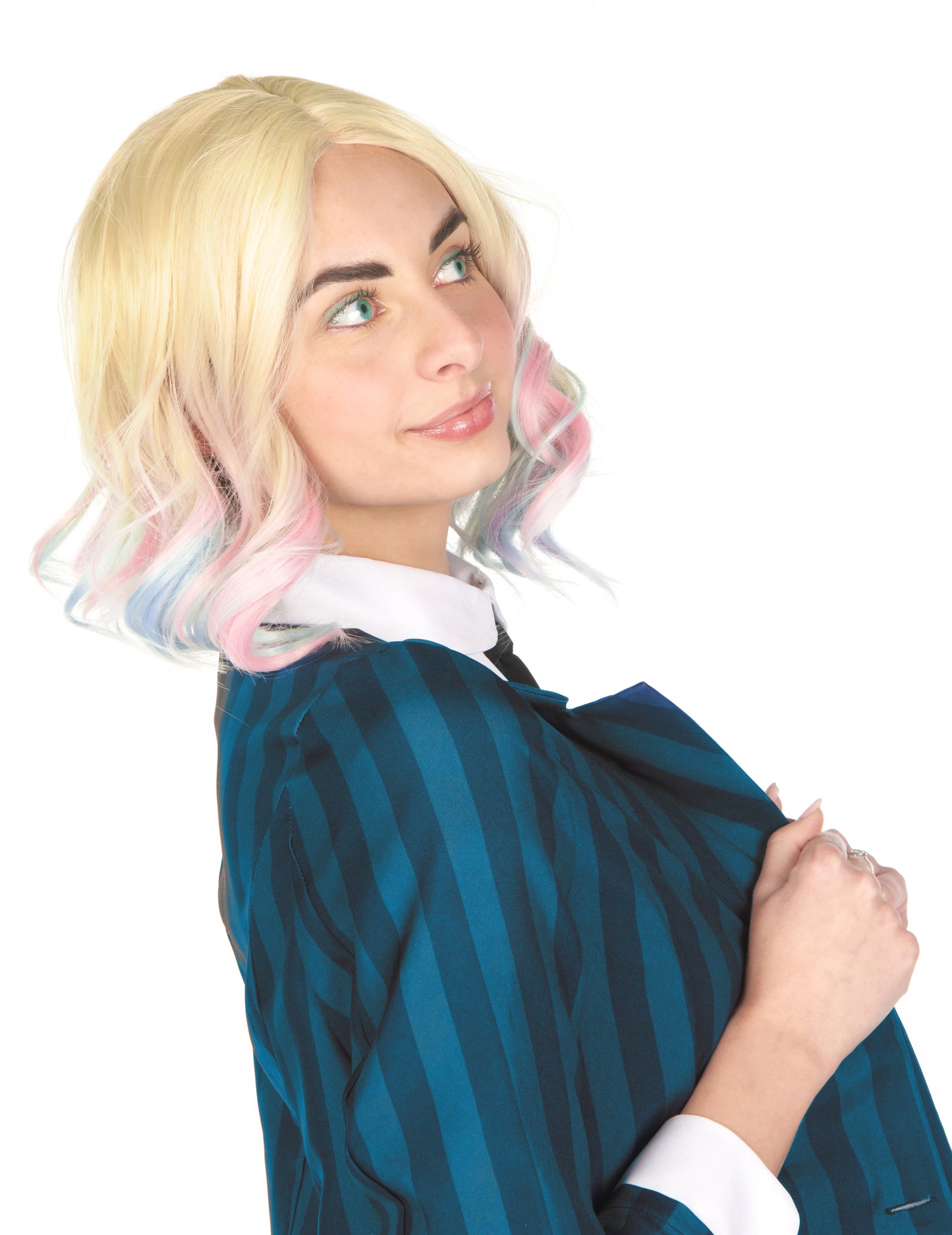 Luxusní vlnitá blond paruka s modrými a růžovými melíry pro dospělé