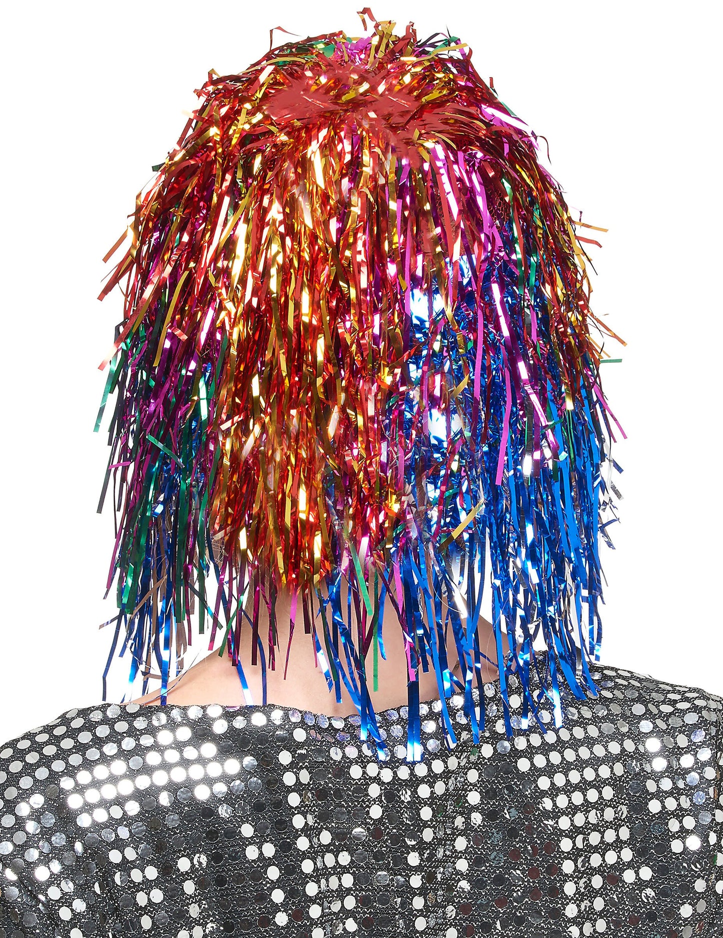 Pohled zezadu na multicolorovou metalickou paruku pro dospělé