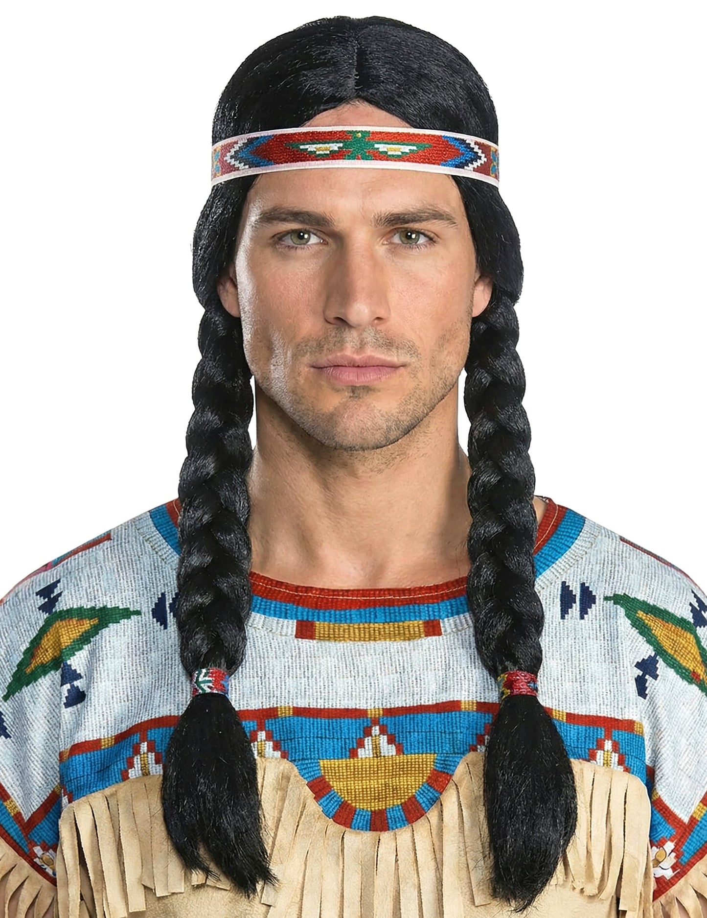 Perruque Nscho Tschi pour adulte noire à tresses avec bandeau à motifs