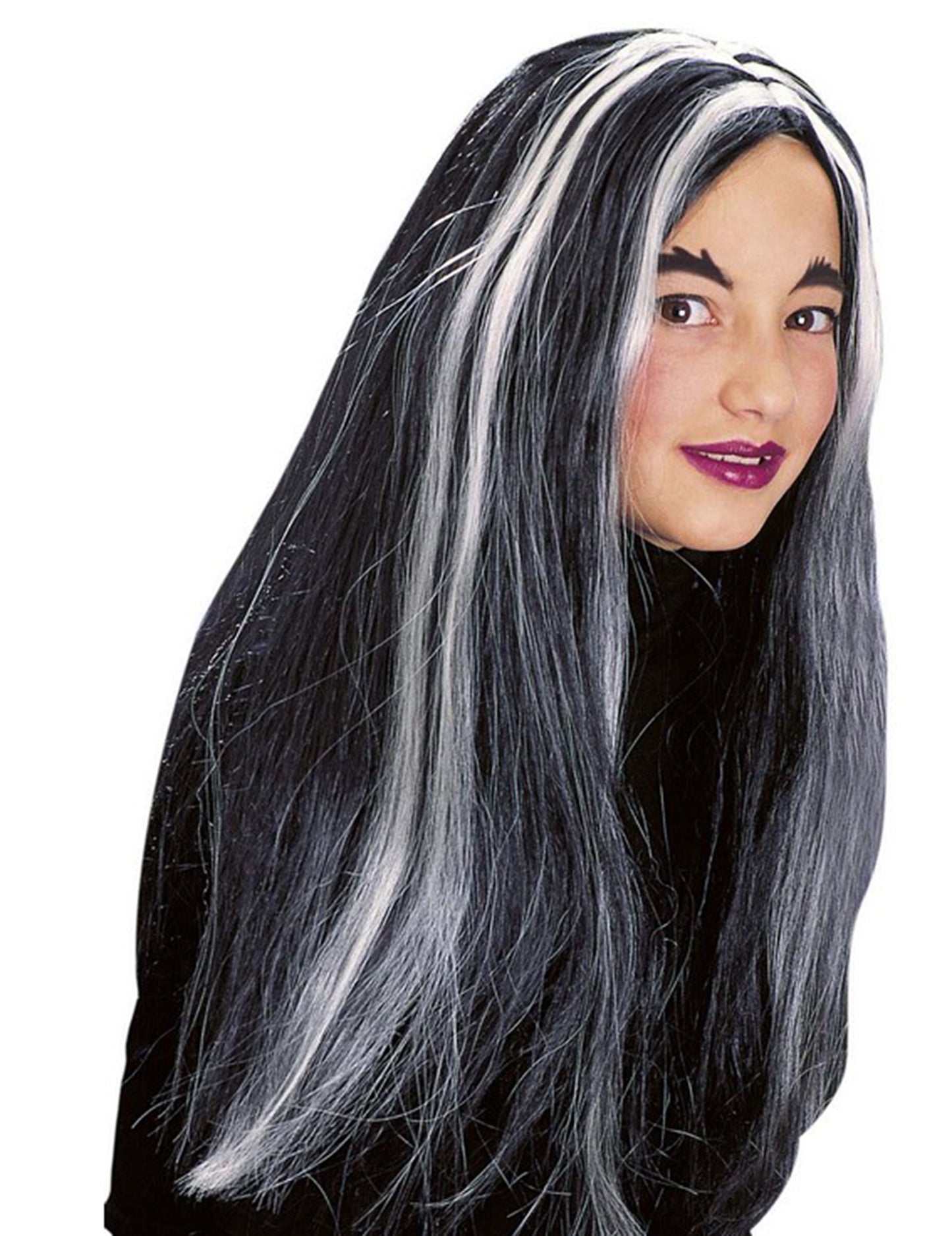 Černobílá dívčí paruka s motivem čarodějnice, která svítí ve tmě, na Halloween