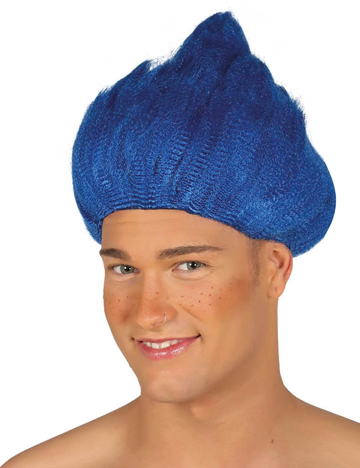 Pohled zepředu na modrou trollí paruku
