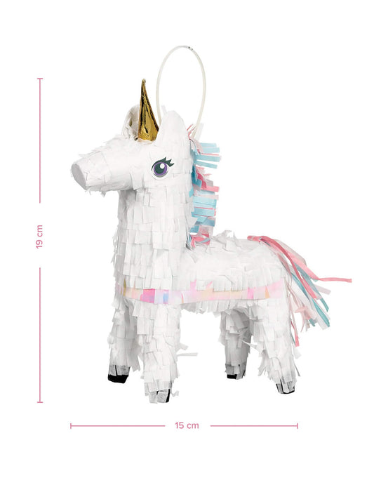 Détail des dimensions de la petite piñata décorative licorne magique