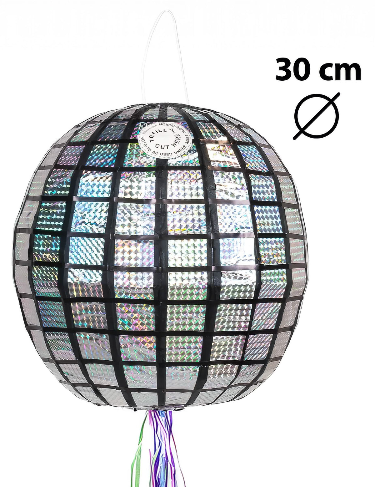 Rozměry a systém zavěšení piñaty disco s třpytivou koulí
