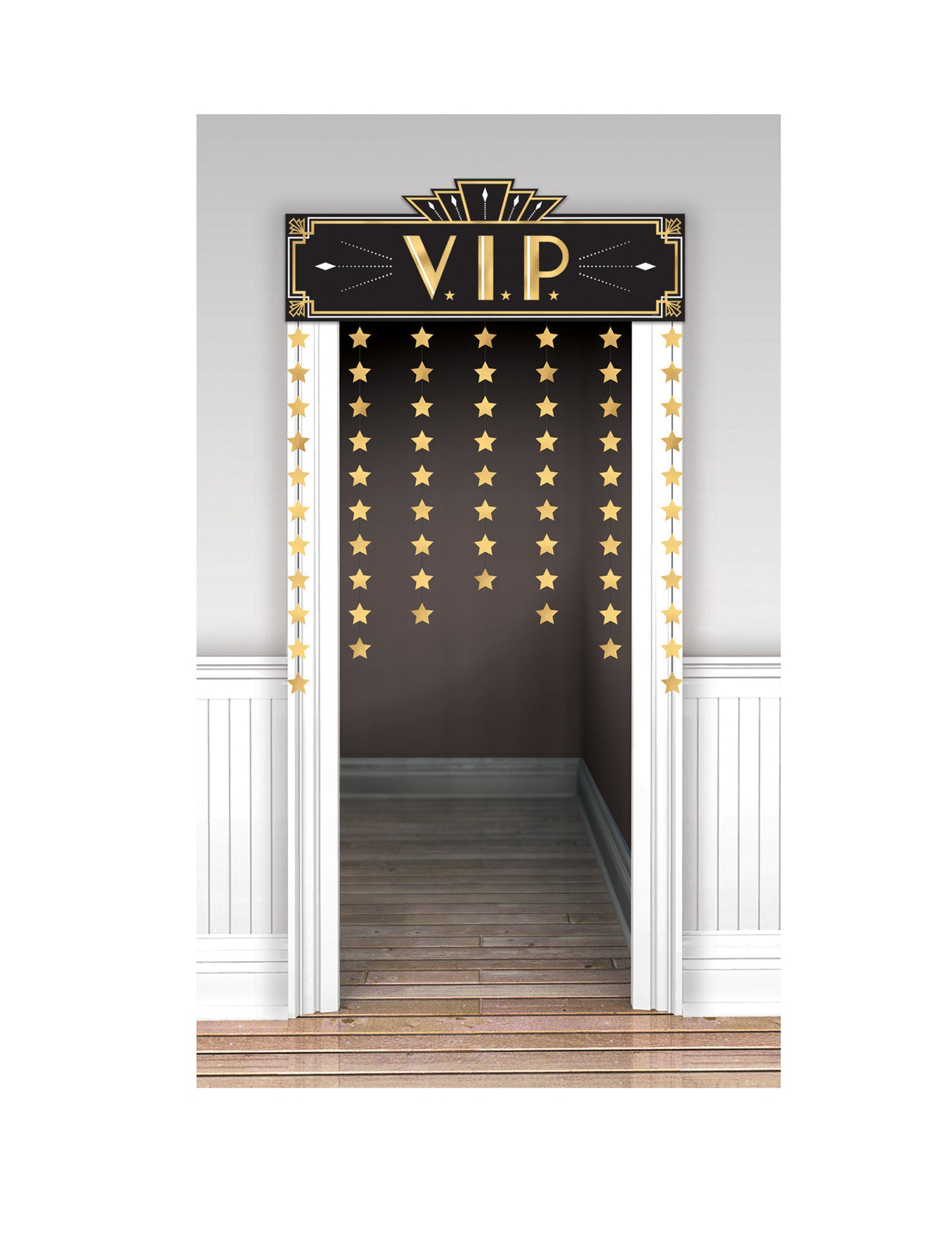 Rideau de porte en plastique Hollywood pour fête noir et doré avec étoiles et inscription VIP