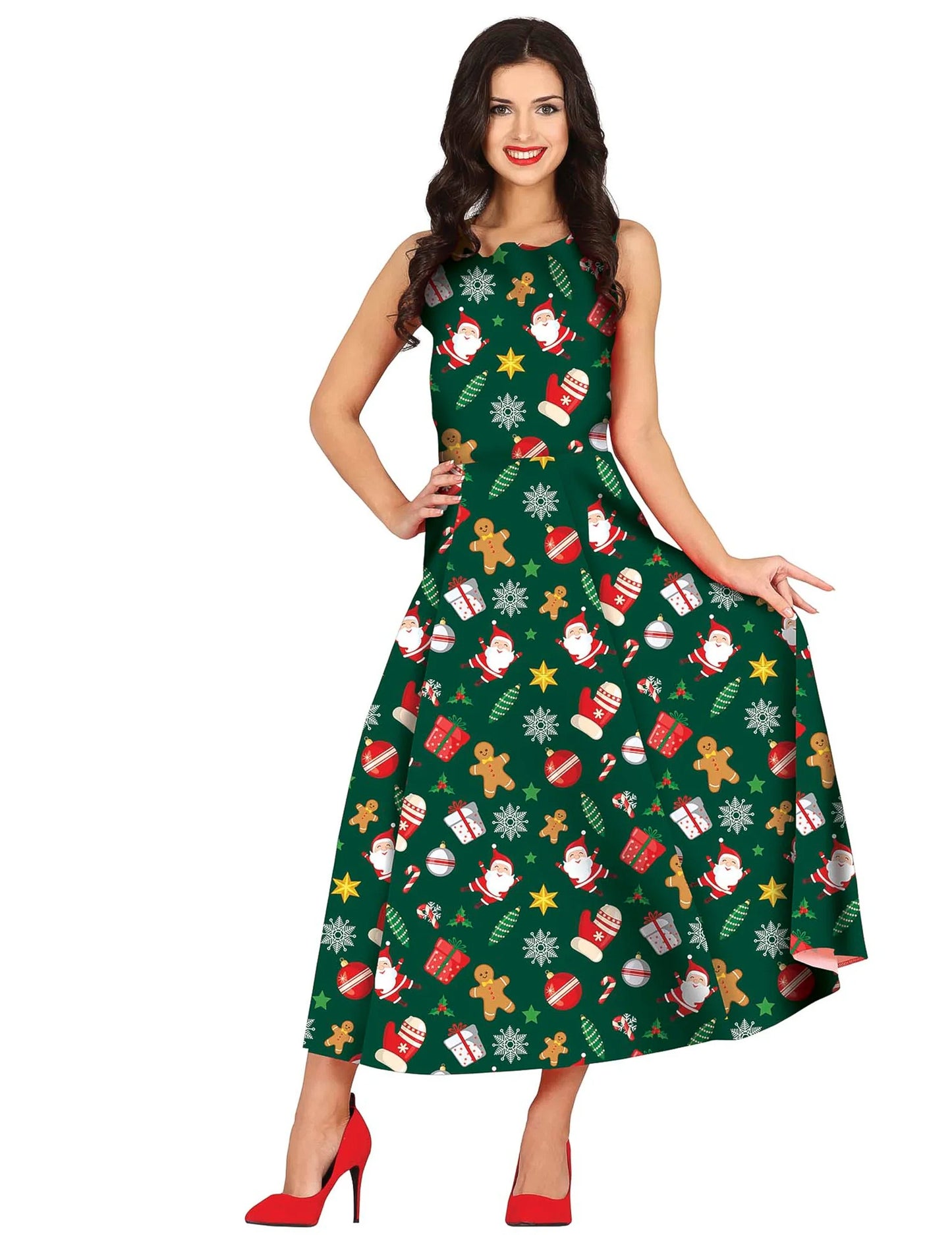 Dámské dlouhé zelené vánoční vzorované šaty