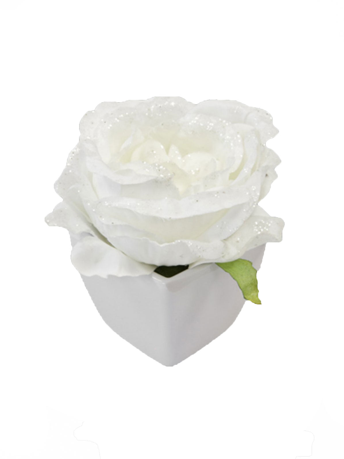Umělá růže s bílým třpytem v bílém květináči 8 cm
