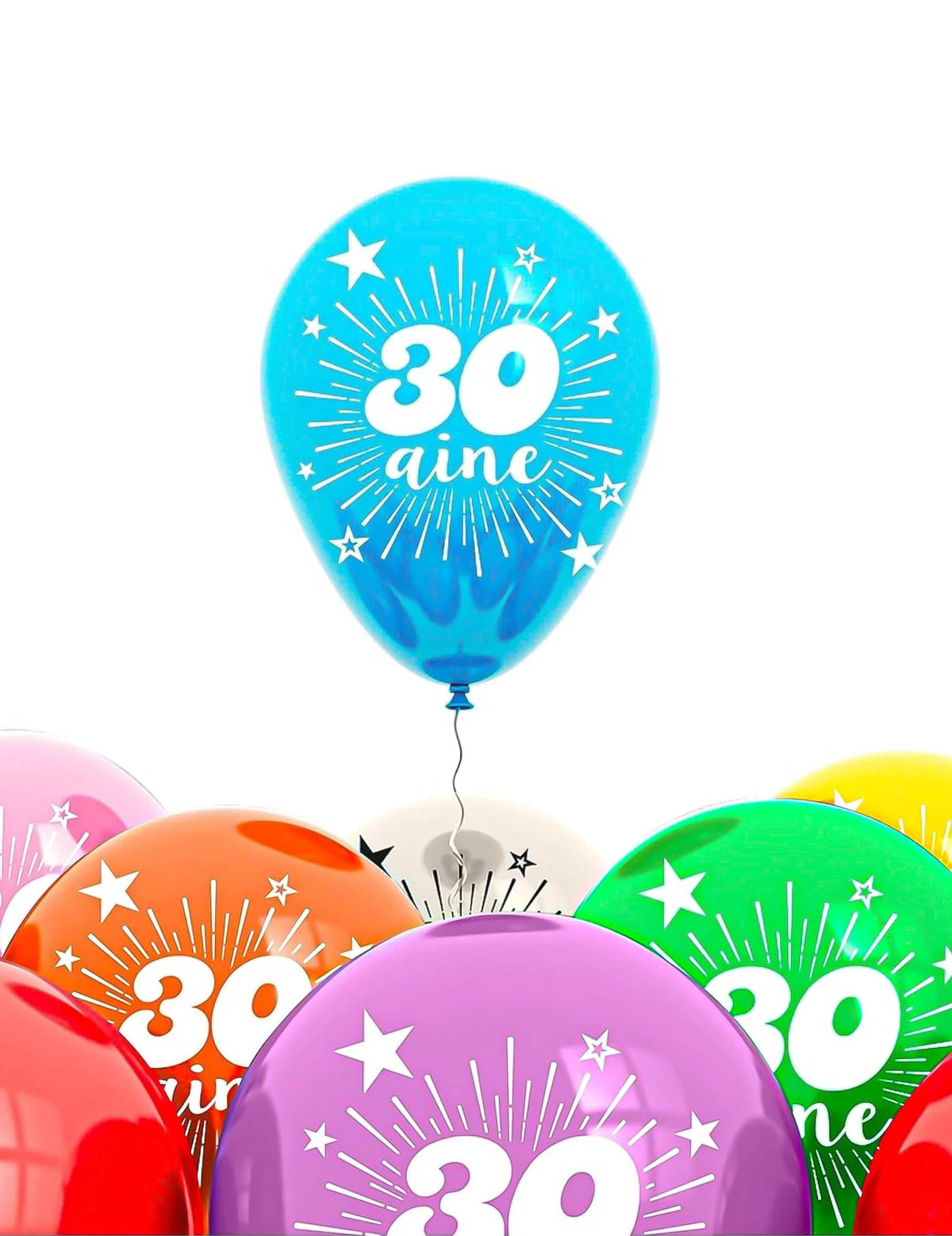 balónky 30 let pro dospělý vícebarevné s motivy hvězd a nápisem 30 aine