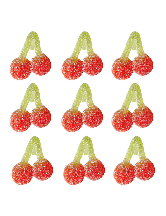 Détail des bonbons acidulés en forme de cerises du sachet de bonbons Cherry Pik Haribo