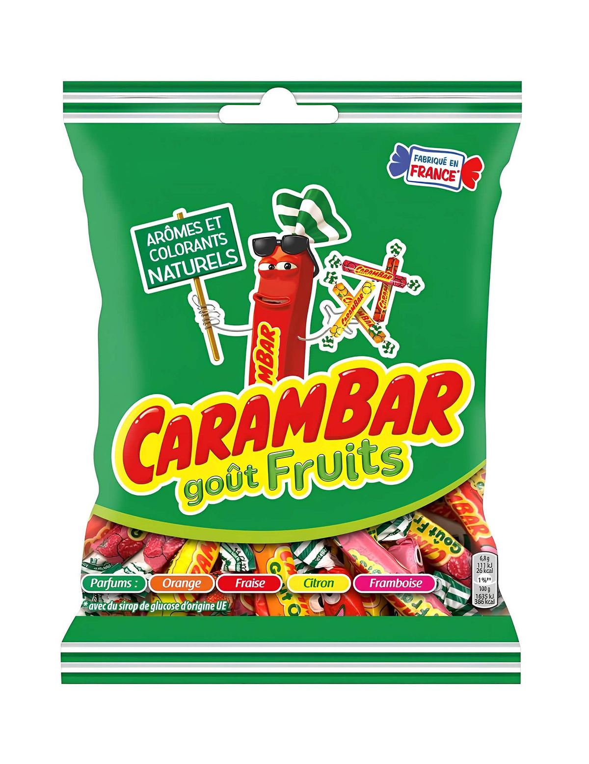 Sáček bonbonů Carambar ovoce pro dítě i dospělý s příchutěmi oranžová, jahoda, citron a malina