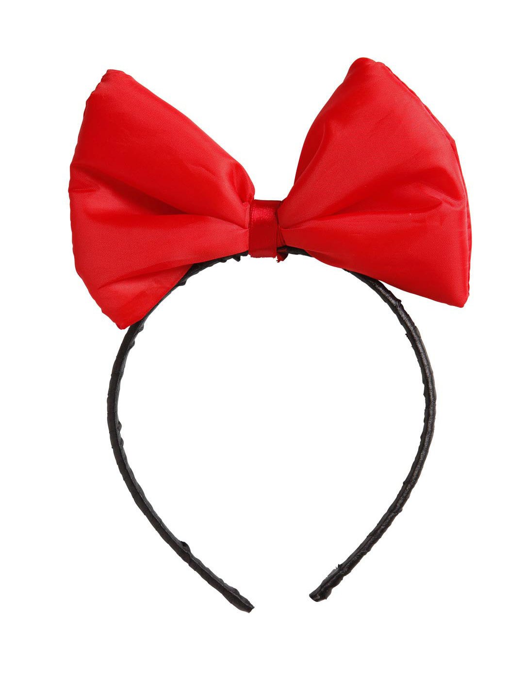 Detail velké červené mašle čelenky s pohádkovým motivem