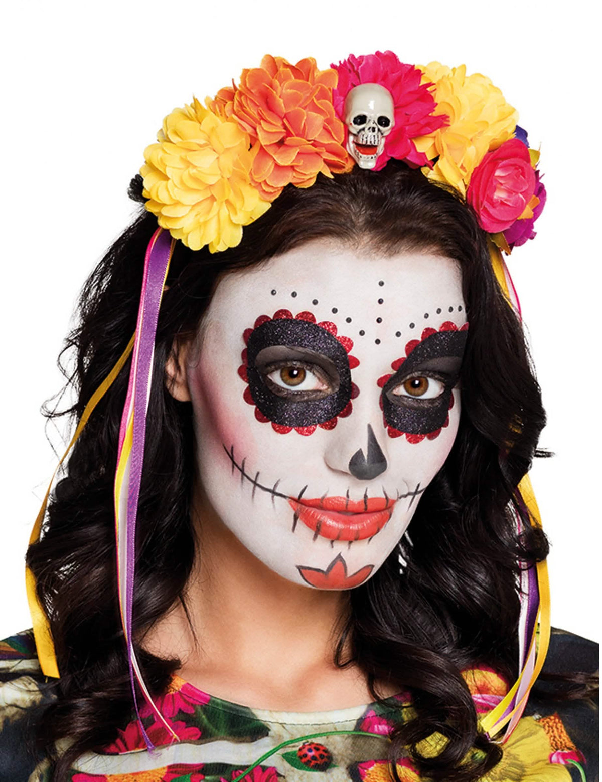 Čelenka s velkými květy Dia de los muertos pro dospělý vícebarevné s lebkou