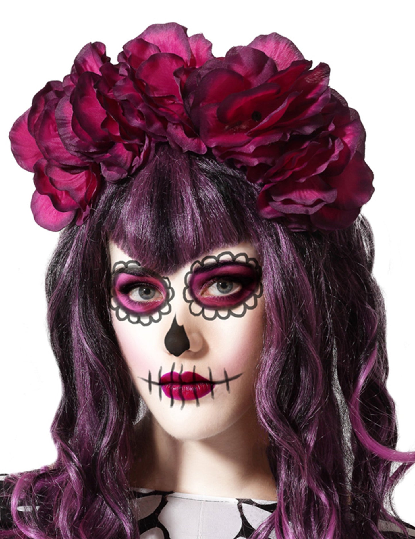 Dámská čelenka Dia de los Muertos s velkým růžovým květem