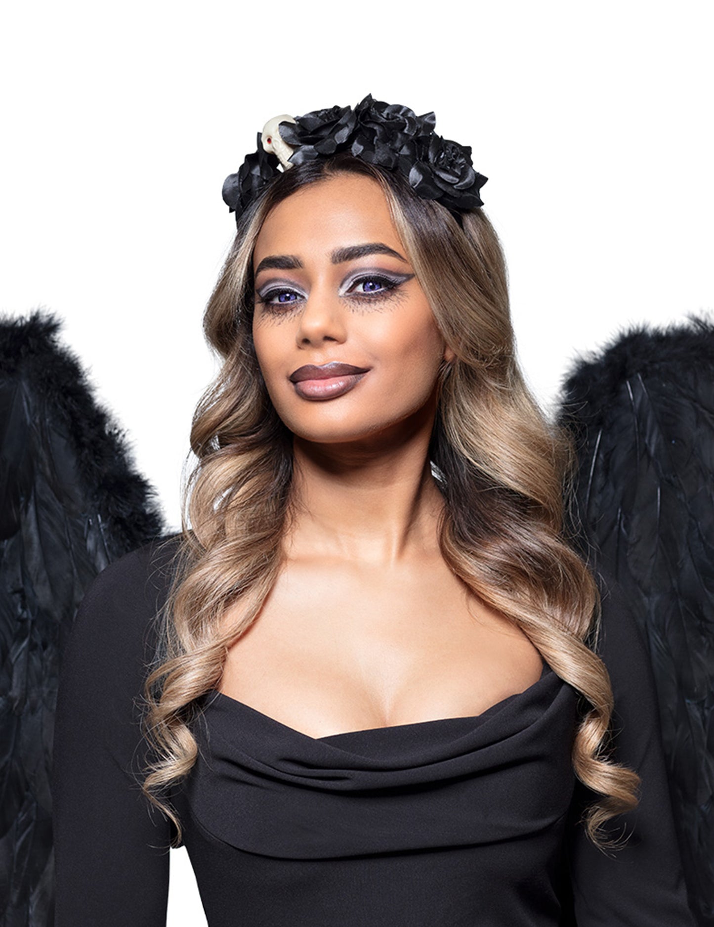 Čelenka s černými růžemi a lebkou pro ženy Dia de los muertos