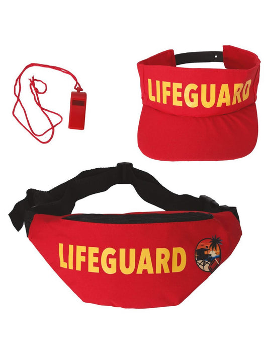 Visière, sifflet et sacoche banane du set accessoires sauveteur pour adulte