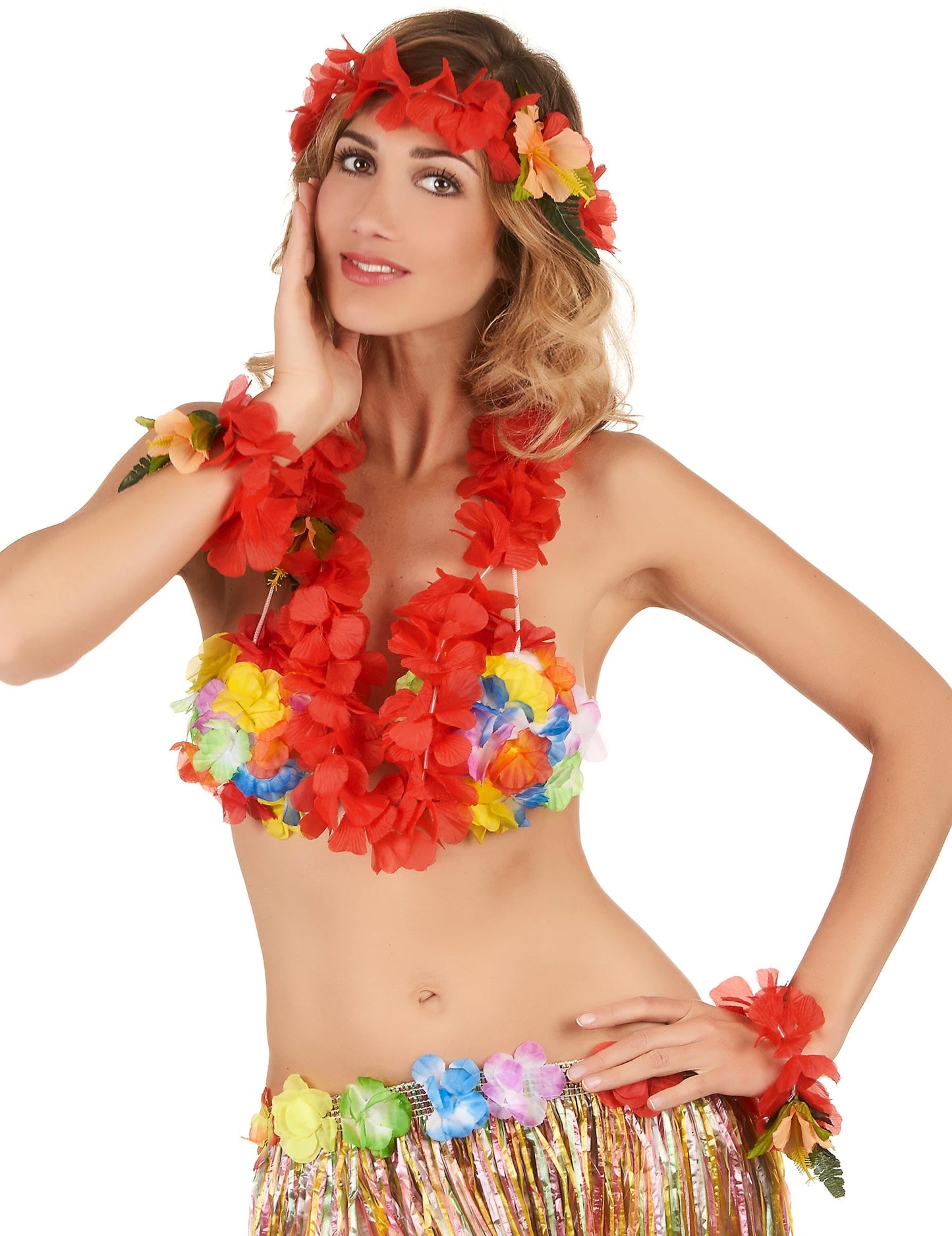 Set floral Hawaï pour adulte rouge avec collier, couronne et bracelets de fleurs