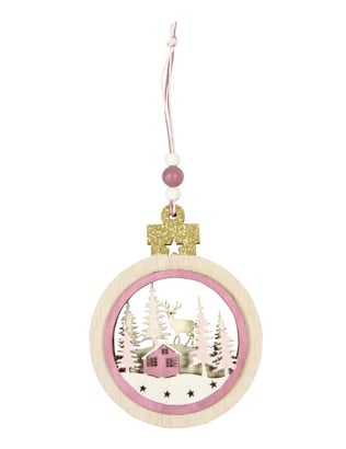 Závěsná dřevěná koule Vánoční vesnička růžová 11,9 x 9 x 1 cm