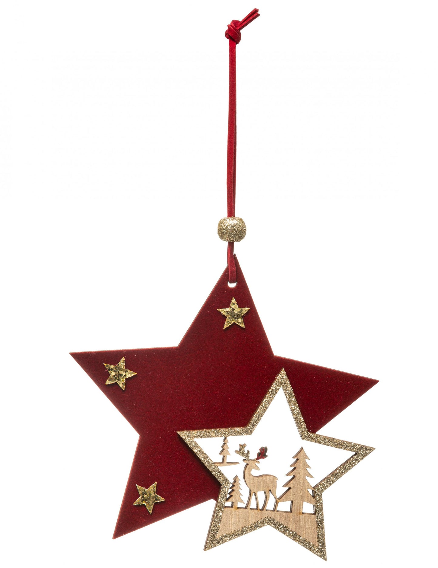 Suspension en bois étoile pour décoration de Noël rouge et or avec cerf et paillettes
