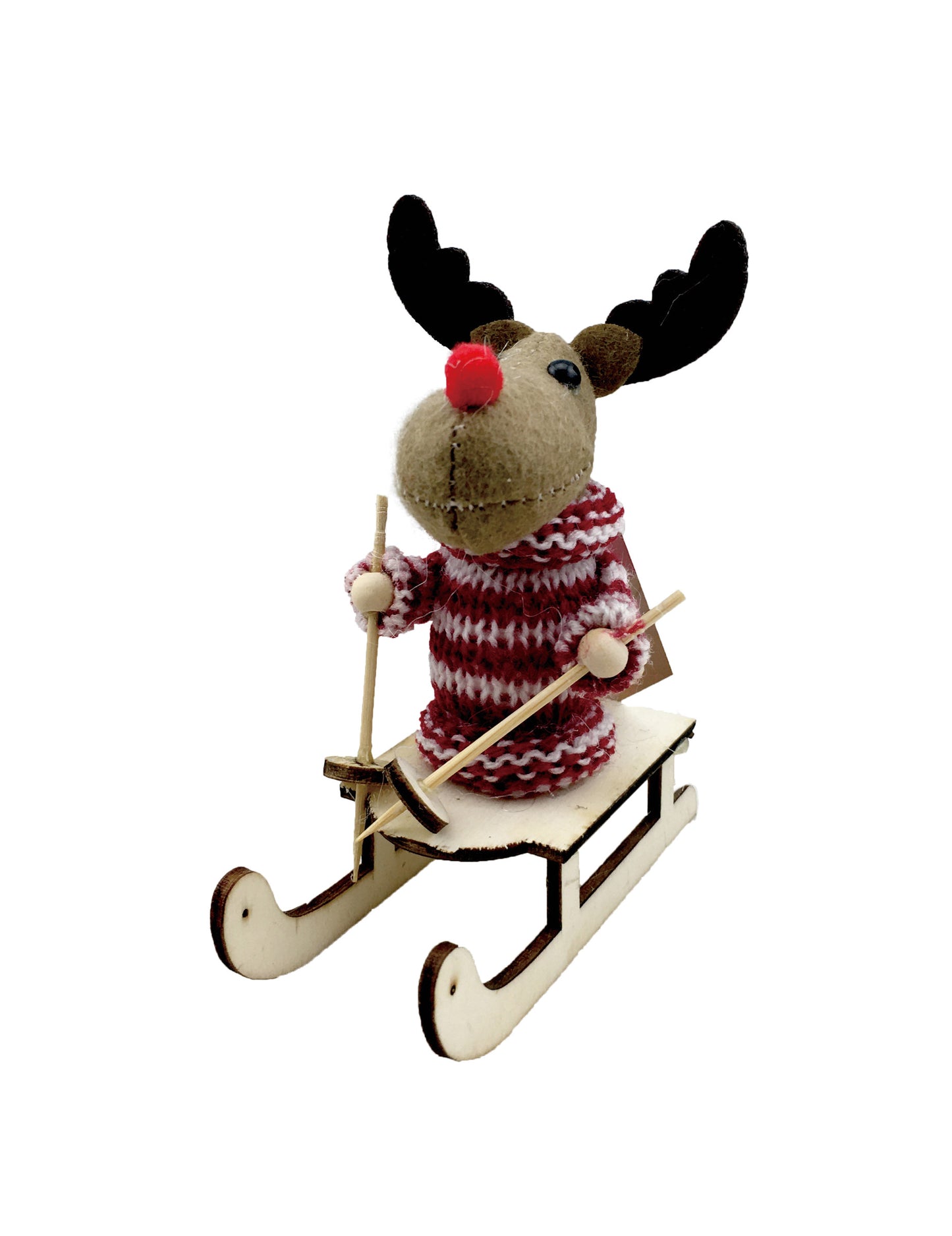 Suspension renne sur luge rouge et blanc avec pull tricoté et bâtons de ski