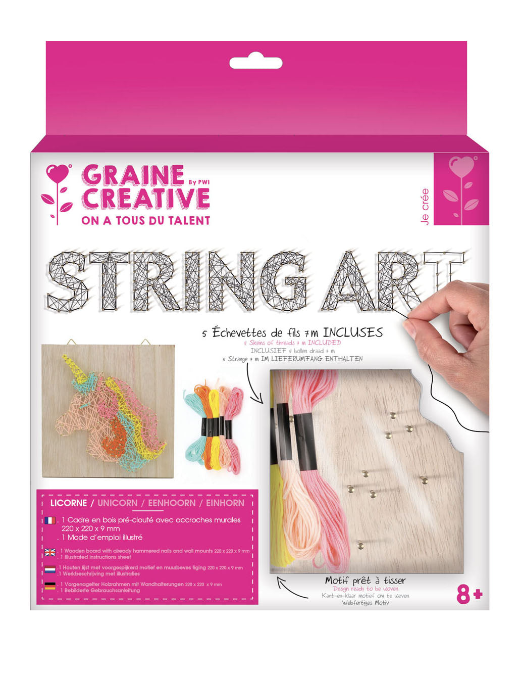 Dřevěný provázkový umělecký obraz na výrobu jednorožce 22 x 22 cm kreativní sada