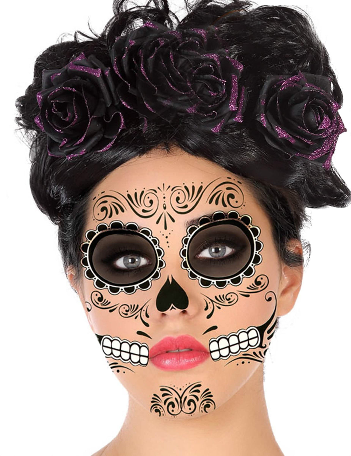 Detailní záběr na vzory tetování na obličej Dia de los Muertos