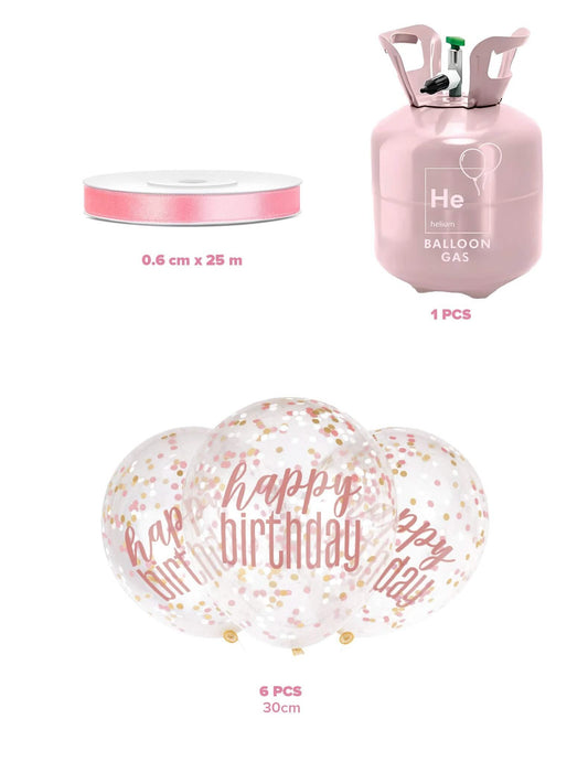 Sada na heliovou láhev se 6 konfetovými balónky Happy Birthday a stuhou