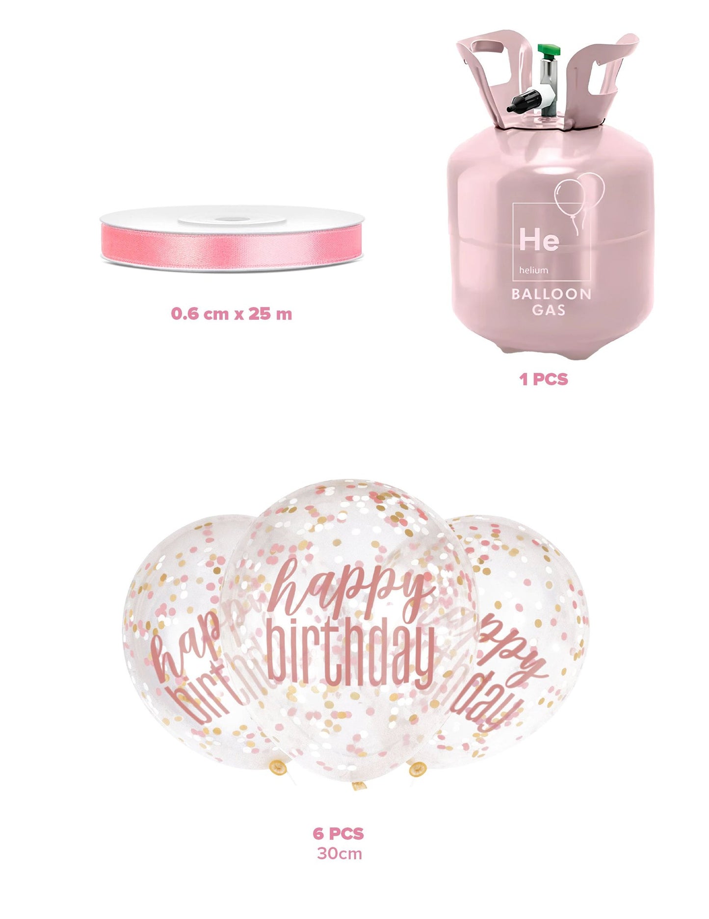 Sada na heliovou láhev se 6 konfetovými balónky Happy Birthday a stuhou