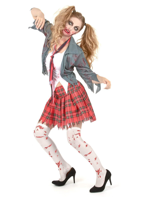 Balíček kostýmu zombie školačky s umělou krví a punčochami na Halloween