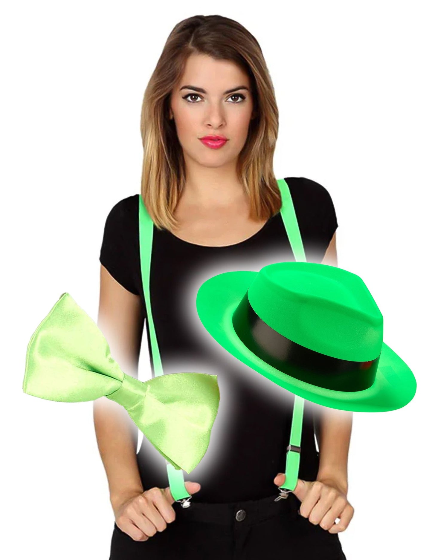 Accessoire-Set mit Hosenträgern, Hut und Fliege in Neon-Grün für Erwachsene