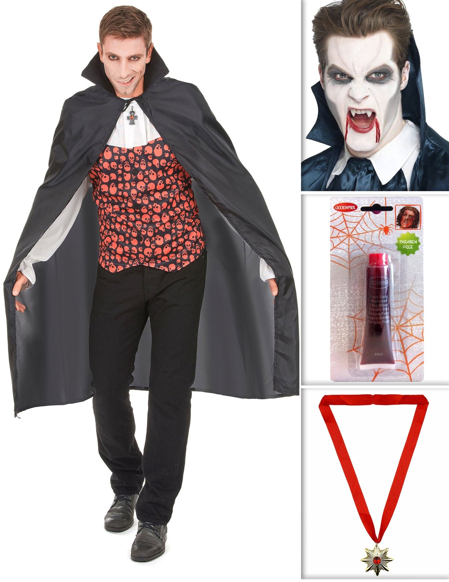 Vampir-Set mit Umhang, Zähnen, Kunstblut und Halloween-Medaillon