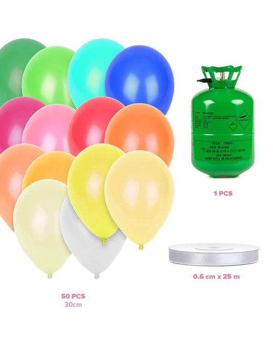 Heliumflaschen-Set mit 50 bunten Luftballons und Band