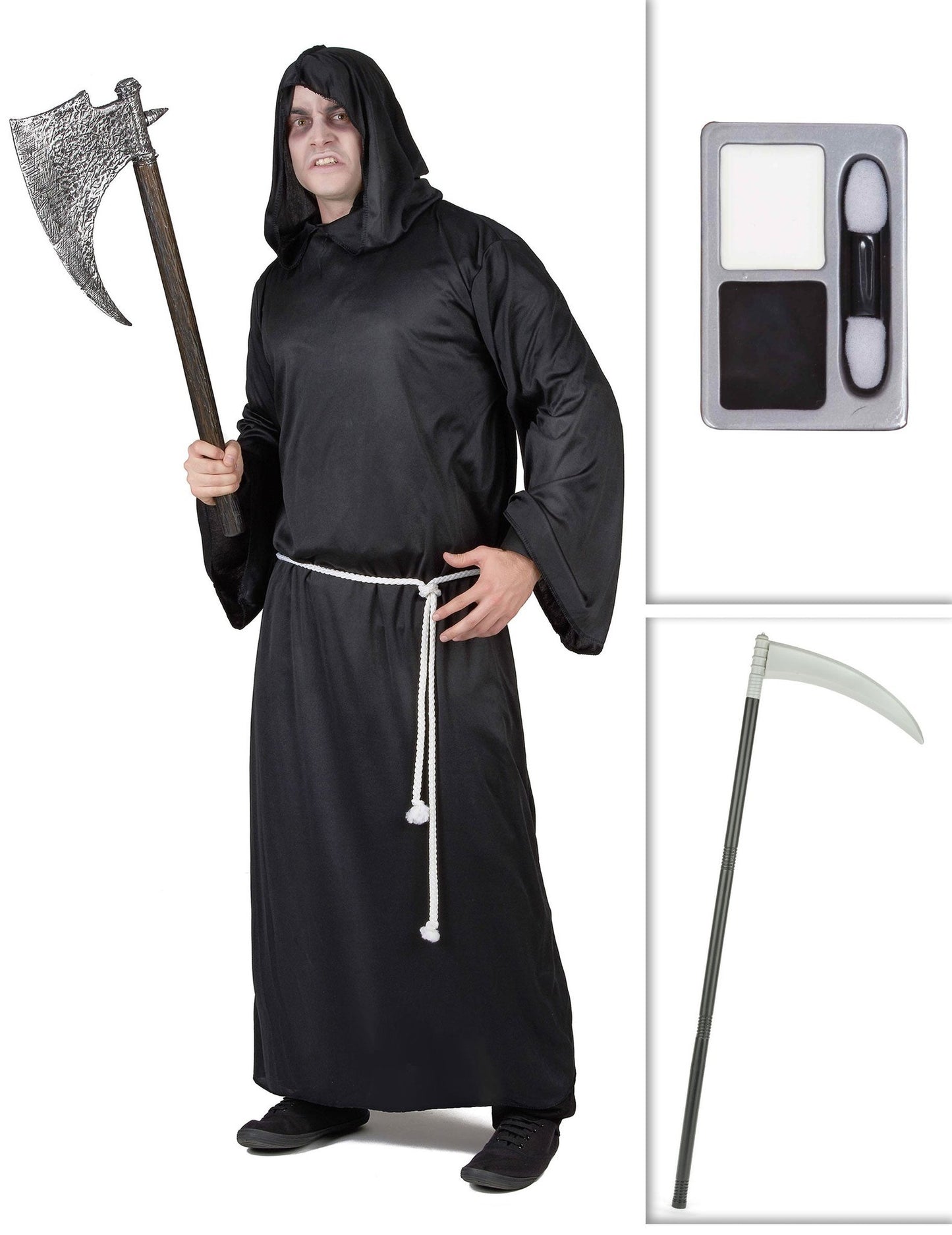 Sensenmann-Kostüm mit Sense und Halloween-Schminke
